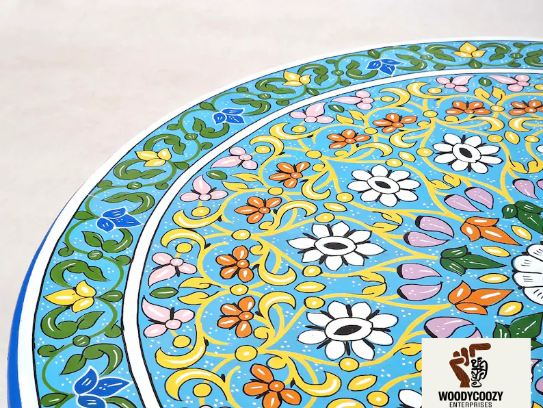 FLORAL CUSTOM TABLE – Moroccan Round Sofa Table, Hand-painted Light Blue Coffee Table, Decorative Accent Table, Berber Furniture Low Table