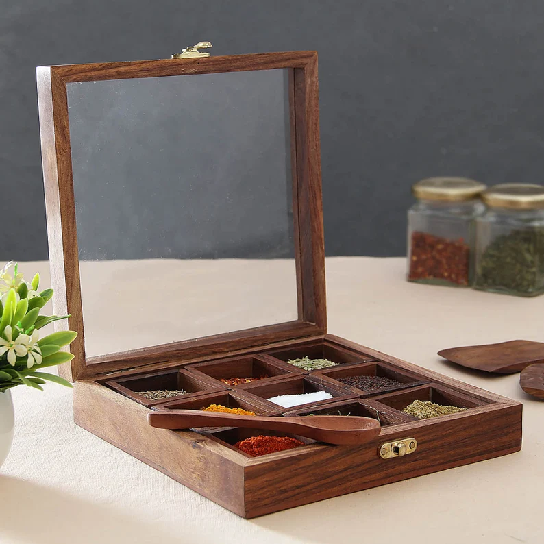 Premium Wooden Spice Box Set, Masala box for Kitchen, spice container, spice organizer with multiple compartment, square shape aromatic spice organizer