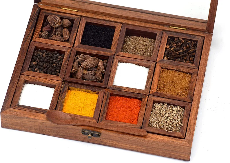 Premium Wooden Spice Box Set, Masala box for Kitchen, spice container, spice organizer with multiple compartment, Rectangle shape aromatic spice organizer