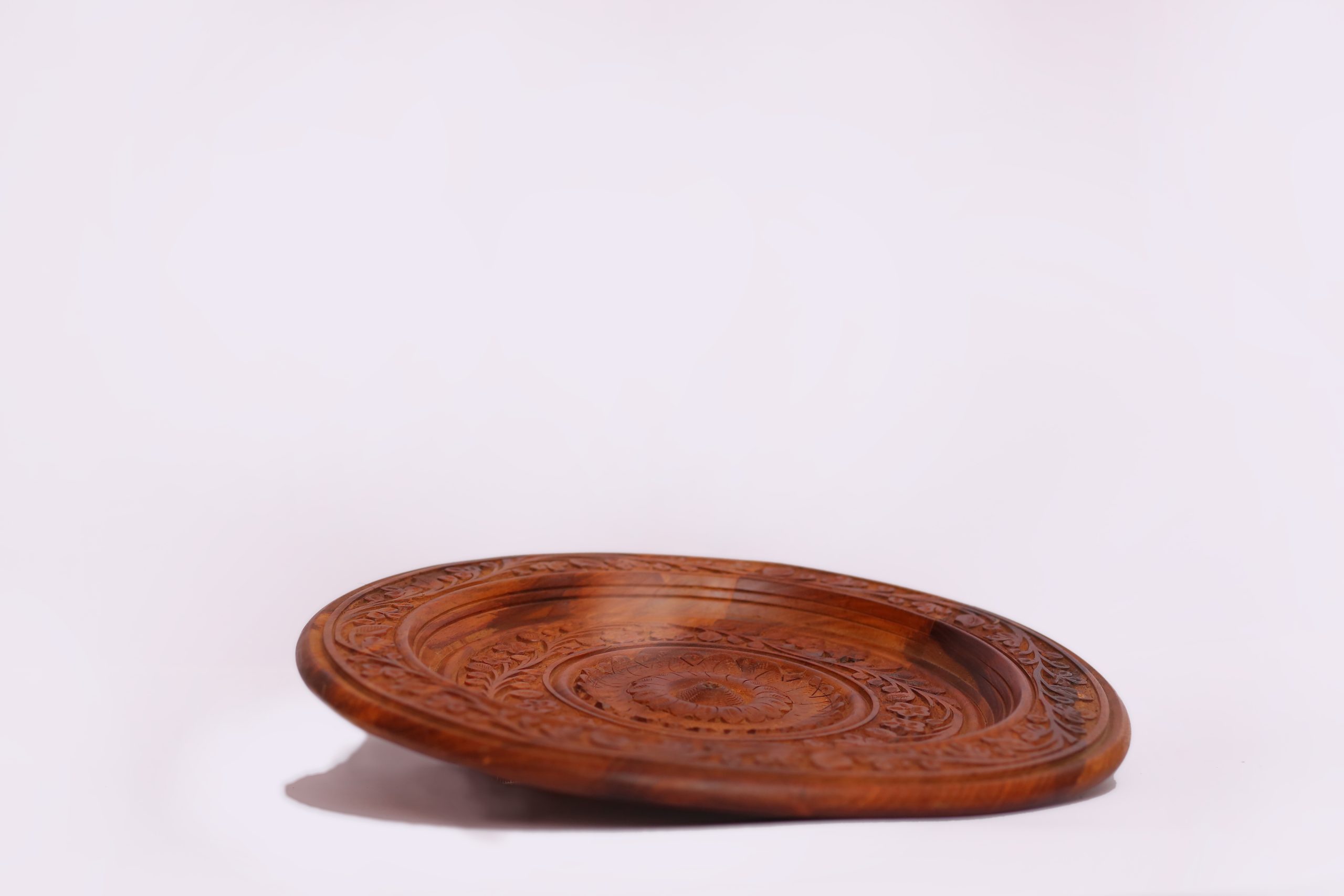Handmade Wooden Carving Art Plate | Decorative & Dry Food Serving Plate | Multipurpose Rustic Wooden Tray with Handcrafted Shine Finish